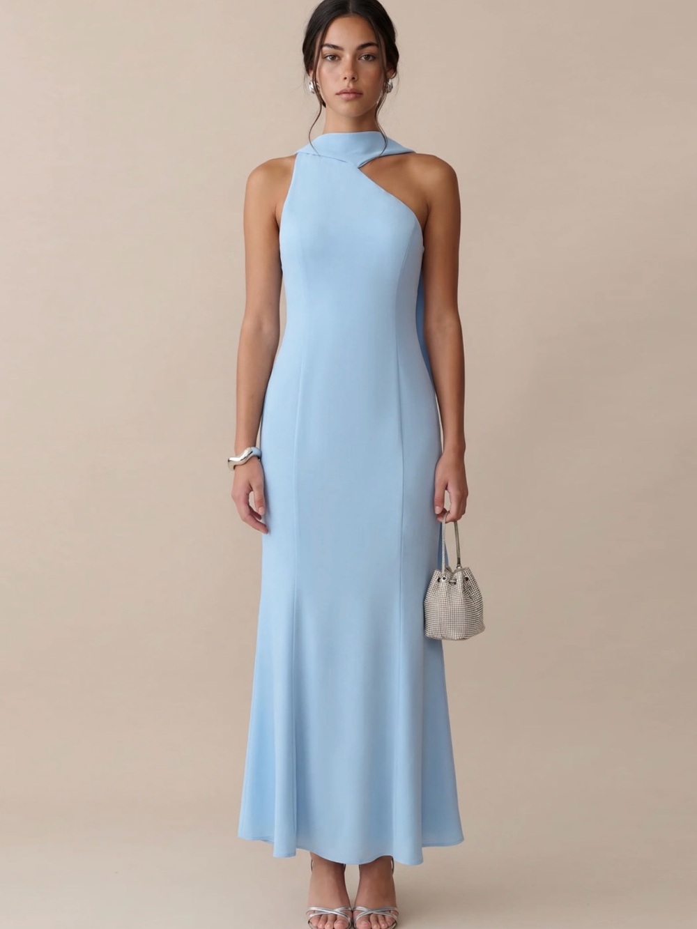 One-Shoulder Sky Blue Maxi Dress with Twist Neck